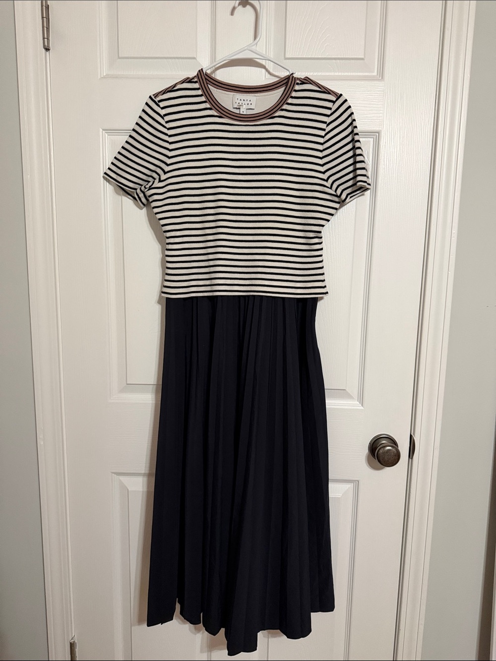 Tanya Taylor Striped Short-Sleeve Top with Navy Pleated Skirt Dress